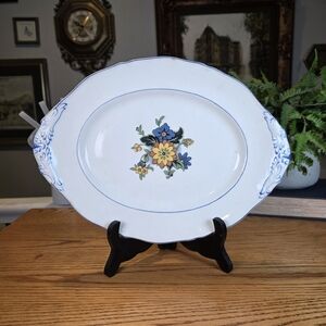 Vintage Royal Fenton England Oval Serving Platter | Floral Blue Scrollwork